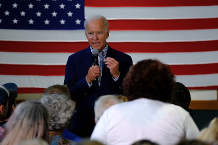Former Vice President Joe Biden discusses healthcare during a campaign stop at Dartmouth University in Hanover, New Hampshire.