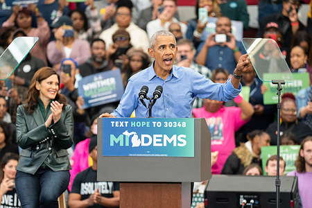 President Barack Obama speaks during the Get Out the Vote Rally in Detroit. Michigan Democrats hold a Get Out the Vote Rally for Governor Gretchen Whitmer with President Barack Obama ahead of the 2022 midterm elections.