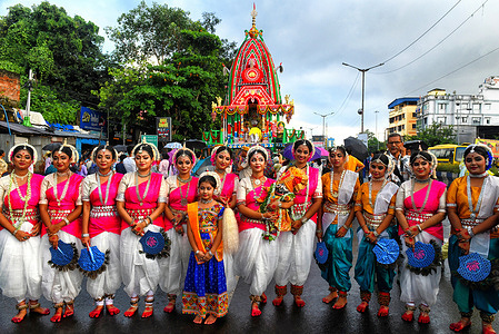 Bharatanatyam (Indian classical dance) dancers poses for a photo during the annual Rath Yatra, or chariot festival. As per Hindu mythology, the Jagannath dates back some 5,000 years when the Hindu god Krishna, along with his older brother Balaram and sister Subhadra, were pulled on a chariot from Kurukshetra to Vrindavana by Krishna's devotees.