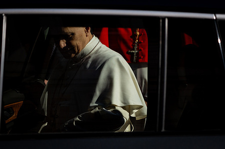 Pope Leo XIV greets people at the end of a pastoral visit at the parish of the "Sacred Heart of Jesus" in the Castro Pretorio neighborhood of Rome.