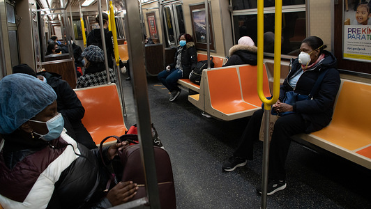 NEW YORK, UNITED STATES - APRIL 29, 2020: Commuters applying social distancing inside the NYC subway train amid the coronavirus outbreak.
New York City continues to battle the coronavirus pandemic and it’s economic fallout as the Governor of New York announces the requirements to begin a careful “step by step” reopening of the state.