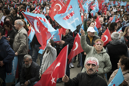 People seen holding flags during the political rally. Ahead of the Presidential and Parliamentary elections, scheduled for May 14th, supporters of the opposition Republican People's Party (CHP), and the other allied parties, attended the rally in Maltepe district, in Istanbul, presenting the presidential candidate Kemal Kilicdaroglu.