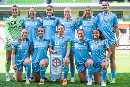 Melbourne City team seen posing for a team photo during the quarter-final of the AFC Women's Champions League between Melbourne City FC (AUS) and Taichung Blue Whale (TPE) at AAMI Park. Final score: Melbourne City FC 3-0 Chinese Taipei's Taichung Blue Whale