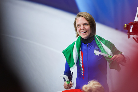 Arianna Fontana of Italy seen celebrating after winning the Silver medal during the Short Track Speed Skating . Finals Women's 500m of the Milano Cortina 2026 Winter Olympics at Milano Ice Skating Arena.