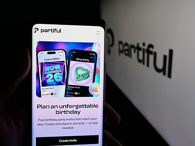 In this photo illustration, a smartphone with the web page of US social event planning company Partiful Co. is seen on screen in front of logo.