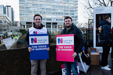 Nurses on strike are seen holding placards at the picket line outside St Thomas' Hospital. Nurses' strikes continue for the second day in the month before Christmas. The Royal College of Nursing warned nursing strikes would continue and have a greater impact to patients in next year if the UK government refuses to talk with their representatives in dispute of salary rise and working condition of nurses in NHS.