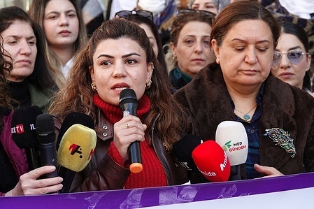 Zeynep Sipcik, president of the Rosa Women's Association, is seen reading a press statement during a protest. In city of Diyarbakir in Turkey, members of the 'Amed Network Against Violence' and the 'Dicle Amed Women's Platform' protested the killing of six women by men in Turkey within 24 hours with a press statement.