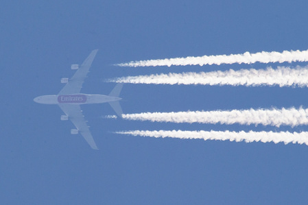 An Airbus A380 of Emirates airline seen flying over Greece traveling from Dubai Airport DXB to Nice, France NCE airport. Aircraft registration is A6-EUM