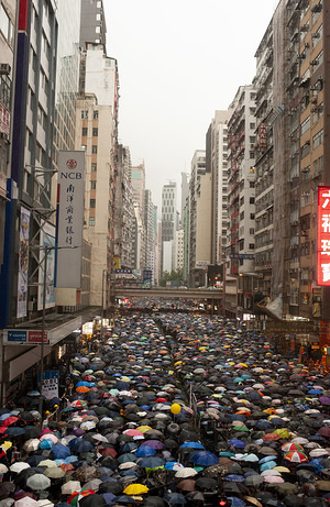 Protesters march while holding umbrellas during the demonstration.
Over 1 million Hong Kongese protesters filled the streets of Hong Kong Island to protest against police brutality, the extradition bill, and other grievances despite a constant heavy downpour. The Protesters met at the Causeway Bay District of Hong Kong Island at Victoria Park and quickly filled the park and surrounding streets before marching through the streets.
