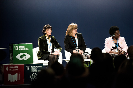 MADRID, SPAIN - DECEMBER 10 2019: (Left to right) Isabel Cela‡, Minister of Education and Vocational Training, Spain, Maria Patek, Federal Ministry for Sustainability and Tourism, Austria and Mary Goretti Kitutu, Minister of Water and Environment, Uganda during the conference.
UN Climate Change Conference COP 25 in Madrid, Spain.
