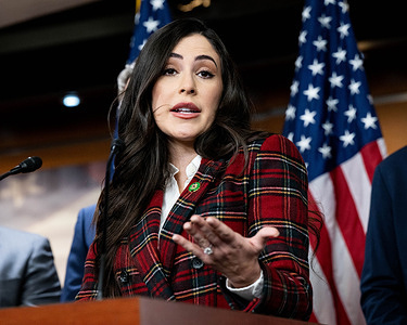 U.S. Representative Anna Paulina Luna (R-FL) speaking at a press conference about government transparency about Unidentified Aerial Phenomena (UAP) at the U.S. Capitol.