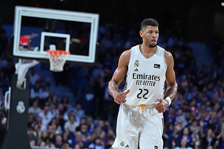 Samuel Tavares of Real Madrid seen in action during the Spanish League ACB basketball match played between Real Madrid and Valencia Basket at Movistar Arena. Final score; Real Madrid. 94-79 Valencia Basket