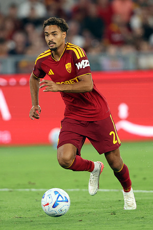 Devyne Rensch of AS Roma seen in action during Italian Serie A Enilive Championship 2026-2027 match-day 5 between AS Roma Vs FC Internazionale Milan at Olympic Stadium. Final score: Roma 2: 2 Inter