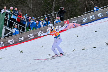 Nika Prevc of Slovenia seen in action during the Women's Sky Flying Hill HS240 of the FIS Ski Jumping World Cup Final.