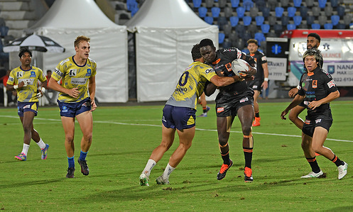 Philip Wokorach (R) from Bengaluru Bravehearts is tackled by Manuel Moreno (L) from Hyderabad Heroes during the Rugby Premiere League (RPL) semifinal played between Hyderabad Heroes and Bengaluru Bravehearts. Final score; Chennai Bulls defeated Delhi Redz by 41-0.