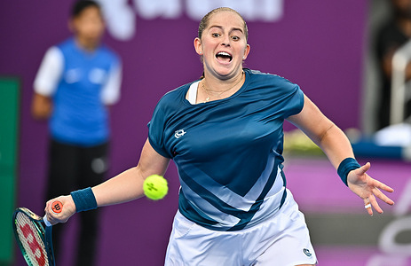 Jelena Ostapenko of Latvia plays against Elisabetta Cocciaretto of Italy (not in view) during their quarterfinal match at the WTA Qatar TotalEnergies Open 2026 tennis tournament at the Khalifa International Tennis Complex. Jelena Ostapenko won against Elisabetta Cocciaretto 7-5,6-4.  