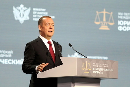 Dmitry Medvedev, Deputy Chairman of the Security Council of the Russian Federation during the International Law: A Privilege for the Few, or Law among Equals the plenary session at The St. Petersburg International Legal Forum at the Expoforum Convention and Exhibition Center.