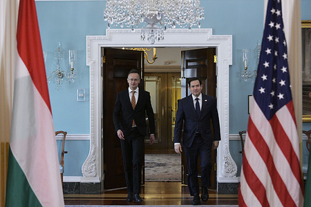 US Secretary of State Marco Rubio (R) and Hungarian Foreign Minister Péter Szijjártó (L) hold a bilateral meeting, at Franklin Room/State Department in Washington.