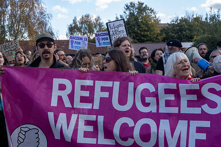 Counter-protesters hold banner and placards and chant slogans during the demonstration outside the Connors House. The Stand Up To Racism and the Kent Anti-Racism Network organised an anti-fascist counter-protest to oppose the far-right demonstration outside the Connors House. The Connors House is a home for unaccompanied asylum-seeking children in Canterbury, UK.