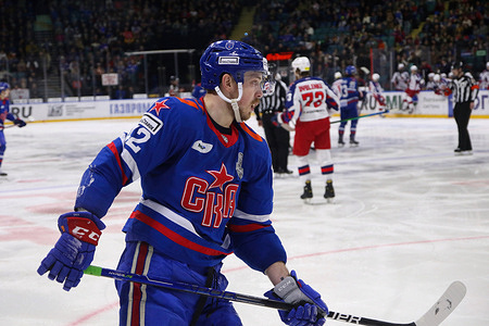 SKA Hockey Club player, Mikhail Vorobyov (No.42) seen in action during the Kontinental Hockey League, Gagarin Cup, match 5, final of the Western Conference season KHL 2022 - 2023 between SKA Saint Petersburg and CSKA Moscow at the Ice Sports Palace. Final score; SKA Saint Petersburg 3:7 CSKA Moscow