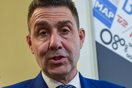 Former General and MEP Roberto Vannacci answers questions during the press conference on his new party 'Futuro Nazionale' at Palazzo Grazioli, Rome.