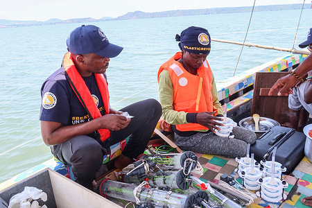 Bahati Mayoma (left) being helped to assemble micro plastic deep water samplers by Kenyan Hip Hop artist, Julius Owino Ooko popular known as Juliani during the investigations.
Bahati Mayoma, a Tanzanian researcher specializing in aquatic ecology and pollution management is investigating the extent of micro plastic pollution in Lake Victoria.