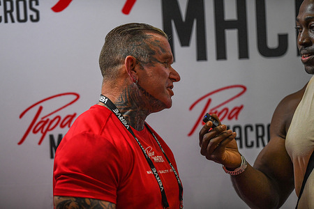 World's famous bodybuilder and Mr. Olympia competitor Lee Priest is seen giving an interview to the Musclemania World Champion bodybuilder Kwame Duah at the Melbourne Convention and Exhibition Centre during the AUS Fitness Expo 2024. The Aus Fitness Expo is Australia's biggest and most exciting festival of fitness, live sport, active-health and nutrition, bringing together thousands of fitness enthusiasts for the ultimate celebration of fitness culture.