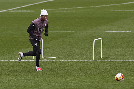 David Alaba of Real Madrid CF is seen in action during a training session at Ciudad Real Madrid, on the eve of the the Spanish Cup, Copa del Rey Round of 32 football match between Talavera CF and Real Madrid CF.