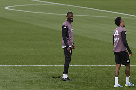 Antonio Rudiger of Real Madrid CF seen in action during a training session at Ciudad Real Madrid, on the eve of the LaLiga EA Sports 2025/2026 week 31 football match between Real Madrid CF and Girona FC.