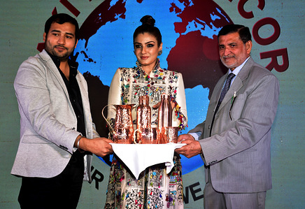 Zaki Ahmed (MD Zaki Home Decor), Indian film actress Raveena Tandon and Zulfikar Ahmed (Chairman of Zaki Home Decor) seen at the launch of Zaki Home Decor products in India at hotel JW Marriott juhu in Mumbai.