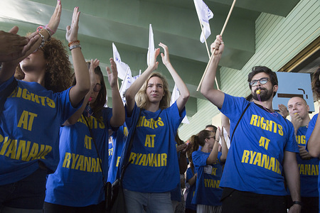 Ryanair cabin crew on strike. The protesters were demanding medical assistance in Spain, for the company to have its payroll in Spain and for it to recognize union delegates of the company and more. The strike caused cancellations of many Ryanair flights.