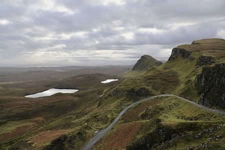 Scottish landscape seen from The Quiraing, on the Isle of Skye, Scotland, United Kingdom.