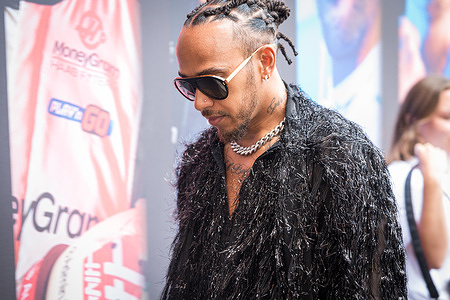 Mercedes-AMG Petronas F1 Team’s British driver Lewis Hamilton is seen in the paddock during the Monaco F1 Grand Prix weekend on May 24, 2024.