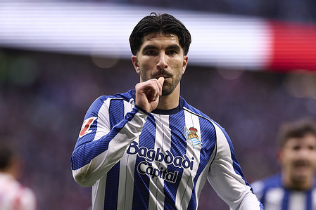 Carlos Soler of Real Sociedad celebrates a goal during the LaLiga EA Sports 2025/2026 week 27 football match between Atletico Madrid and Real Sociedad at Riyadh Air Metropolitano stadium. Final score: Atletico Madrid 3:2 Real Sociedad