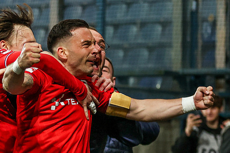 Angel Rodado of Wisla Krakow celebrates a goal during BETCLIC 1 POLISH LEAGUE 2025/2026 football match between Wisla Krakow Vs Miedz Legnica at Municipal Stadium. Final score Wisla Krakow 3 : 2 Miedz Legnica.