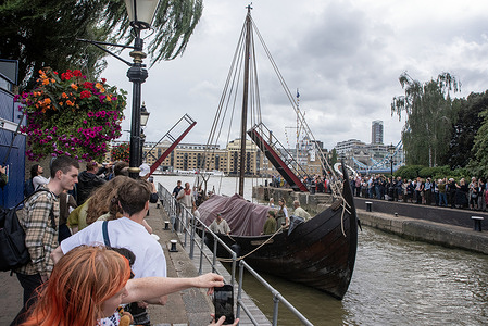 The Saga Farmann moors at the St Katharine Dock in London. The 20-metre Viking longship, Saga Farmann is modern replica of an actual longship that dates back to the year 998 and it has been on a Europe tour in the last couple of years. The Saga Farmann is from Tonsberg, Norway and was built in 2018.