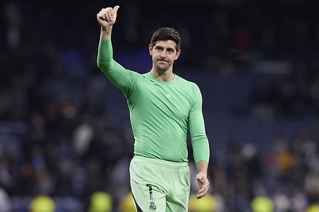 Thibaut Courtois of Real Madrid CF greets the fans at the end of the UEFA Champions League 2025/2026 first round day 7 football match between Real Madrid CF and AS Monaco at Santiago Bernabeu Stadium. Final score Real Madrid CF 6:1 AS Monaco