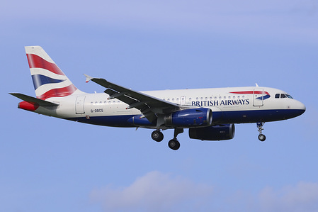 An Airbus A319-100 of British Airlines with registration G-DBCG is landing at Amsterdam Schiphol International Airport in the Netherlands, arriving from Heathrow, London.