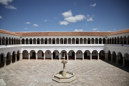 The faculty of law courtyard in universidad mayor real y pontificia San Francisco Xavier de Chuquisaca (Royal and Pontifical University of San Francisco Xavier de Chuquisaca) is pictured. This faculty of law is the second oldest university in South America. It trained colonial elite before becoming the cradle of contesting ideas.