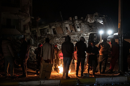 Rescue teams continue to work in search for survivors at an excavation site. Monday morning, a strong earthquake of 7.7 magnitude, centered in the Pazarcik district, jolted Kahramanmaras and strongly shook several provinces, including Gaziantep, Sanliurfa, Diyarbakir, Adana, Adiyaman, Malatya, Osmaniye, Hatay, and Kilis. Later, at 13.24 p.m. (1024GMT), a 7.6 magnitude quake centered in Kahramanmaras' Elbistan district struck the region. Turkiye declared 7 days of national mourning after deadly earthquakes in southern provinces.
