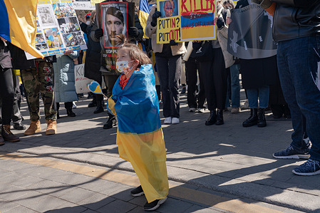 A child is seen draped in the Ukrainian flag during a rally against Russia's invasion of Ukraine outside of the Russian embassy in Seoul.
Rally against Russia's invasion of Ukraine in Seoul, South Korea.