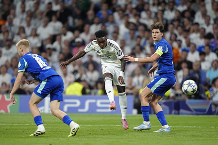 Vinícius Júnior of Real Madrid CF shoots at goal during the UEFA Champions League match between Real Madrid CF and Olympique de Marseille at the Santiago Bernabéu. Final Score; Real Madrid 2 - 1 Olympique de Marseille