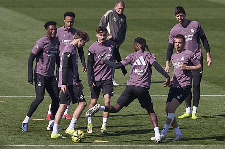 (From L to R) Cesar Palacios, Aurelien Tchouameni, Eder Militao, Thiago Pitarch, Eduardo Camavinga, Franco Mastantuono and Thibaut Courtois of Real Madrid CF seen in action during a training session at Ciudad Real Madrid, on the eve of the LaLiga EA Sports 2025/2026 week 28 football match between Real Madrid CF and Elche CF.