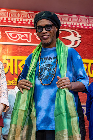 Ronaldinho Gaucho smiles during an inaugural event of Bengali's biggest festival Durga Puja (Worship to Hindu goddess Durga). World-class Brazilian footballer Ronaldinho Gaucho comes to Kolkata, India, to inaugurate Durga Puja festival (Bengali's biggest festival, worship to Hindu goddess Durga).