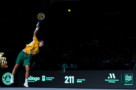 Alexei Popyrin of Australia seen in action during his Davis Cup 2023 Final match against Matteo Arnaldi of Italy at Palacio de los Deportes Jose Maria Martin Carpena. Italy won 2 sets to 1.