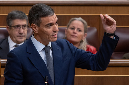 Pedro Sánchez, President of the Spanish Government, attends the plenary session of the Congress of Deputies and answers questions during the parliamentary oversight session of the Government.