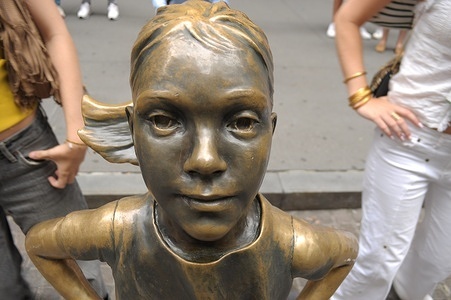 The "Fearless Girl" statue is seen in front of the New York Stock Exchange in the Financial District in Manhattan, New York City.