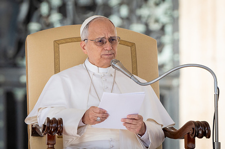 Pope Leo XIV delivers his speech during the traditional Wednesday General Audience in St. Peter's Square.