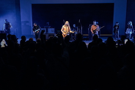 The Chizh & Co band performs on stage in front of a packed concert square in Voronezh. One of the best Russian rock bands since the early nineties, Chizh & Co, performed on the stage of the Green Theater in Voronezh.