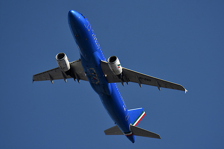 A view of an ITA Airways plane as it arrives at Marseille Provence Airport.